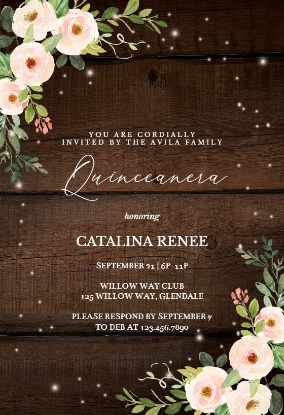 Sparkling rustic floral - quinceañera invitation
