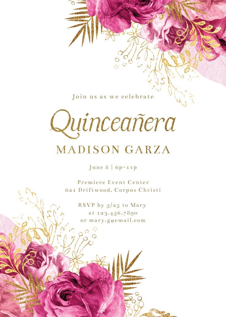 Vintage pink and gold roses - invitación de quinceañera