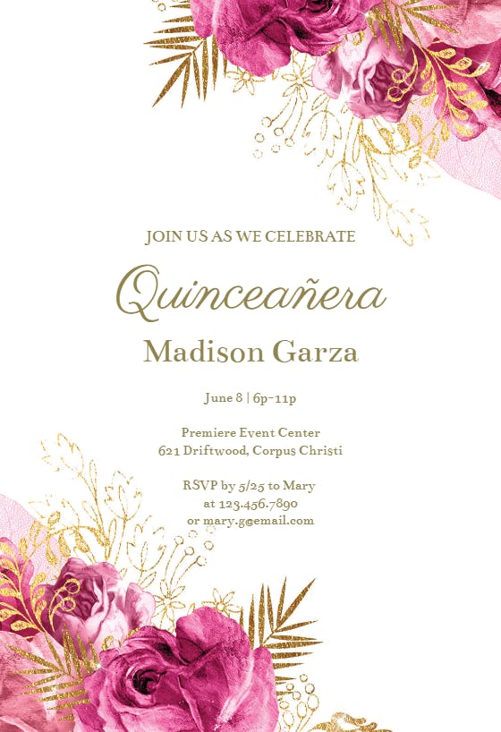 Vintage pink and gold roses - quinceañera invitation