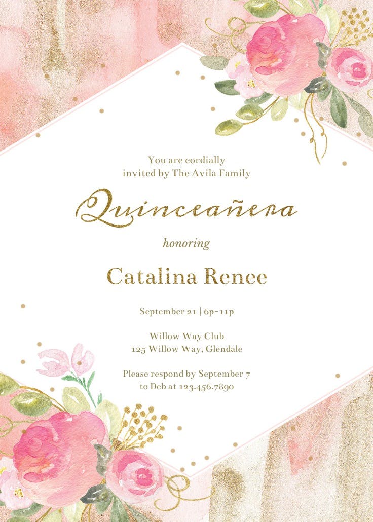Watercolor pink and gold frame - invitación de quinceañera