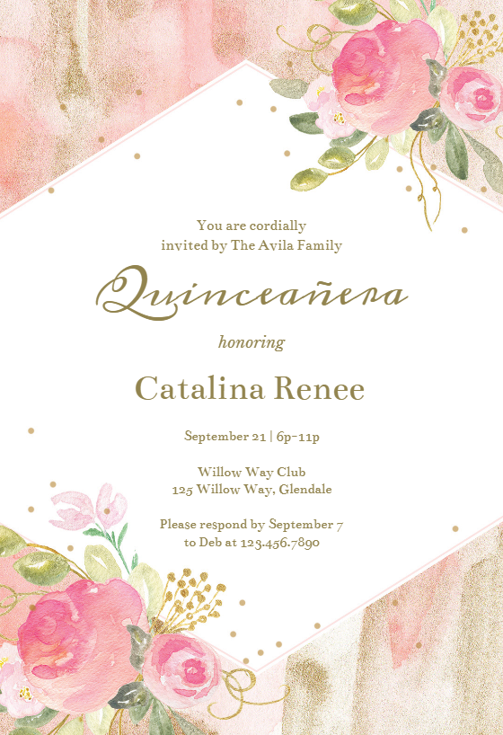 Watercolor pink and gold frame - Quinceañera Invitation ...