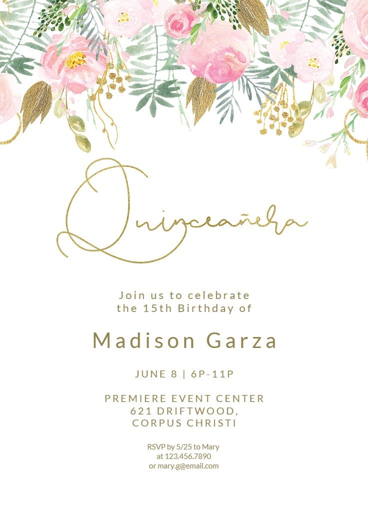 Whimsical  pink and gold flowers - quinceañera invitation