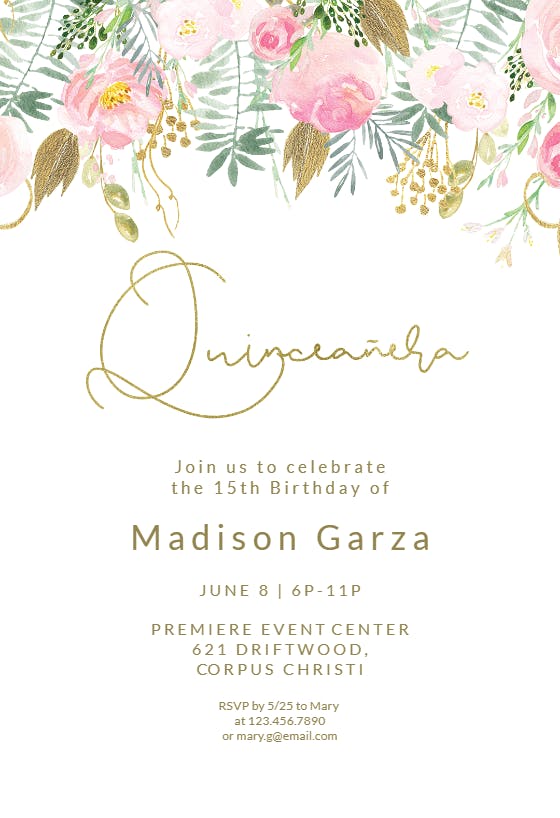 Whimsical  pink and gold flowers - quinceañera invitation