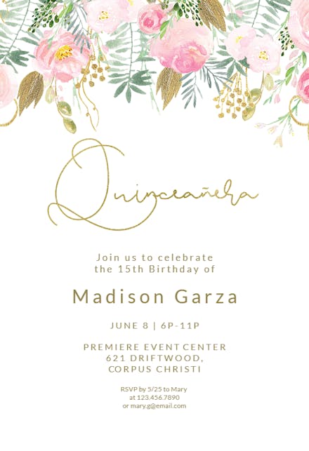 Whimsical  pink and gold flowers - Quinceañera Invitation