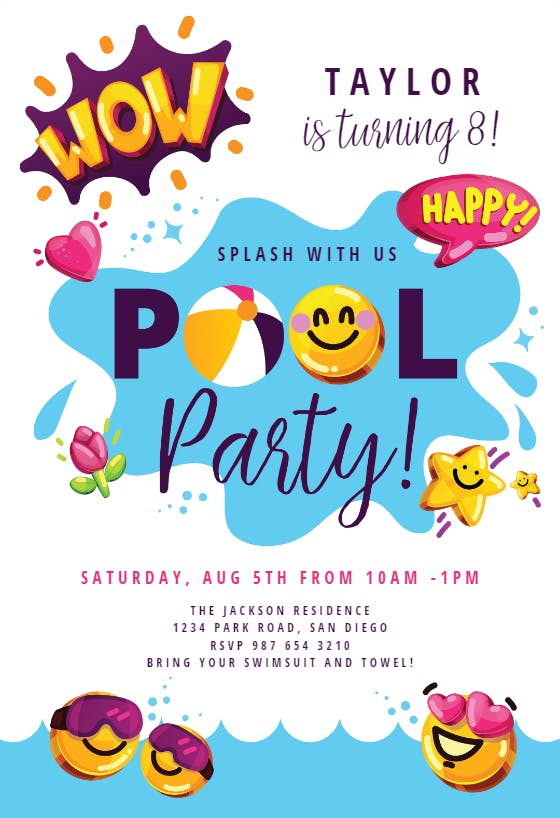 3d emoji pool -  invitación de cumpleaños
