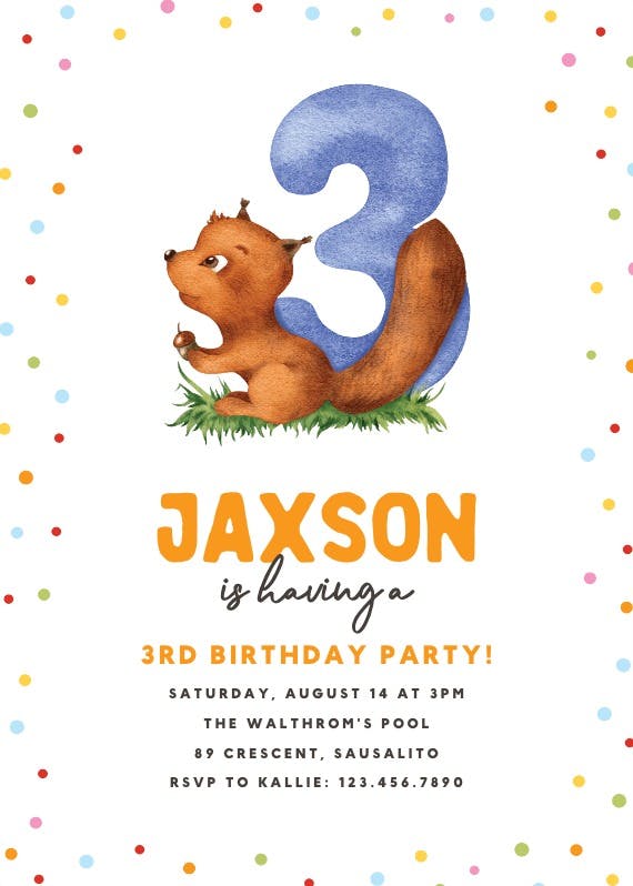 3rd birthday squirrel - birthday invitation