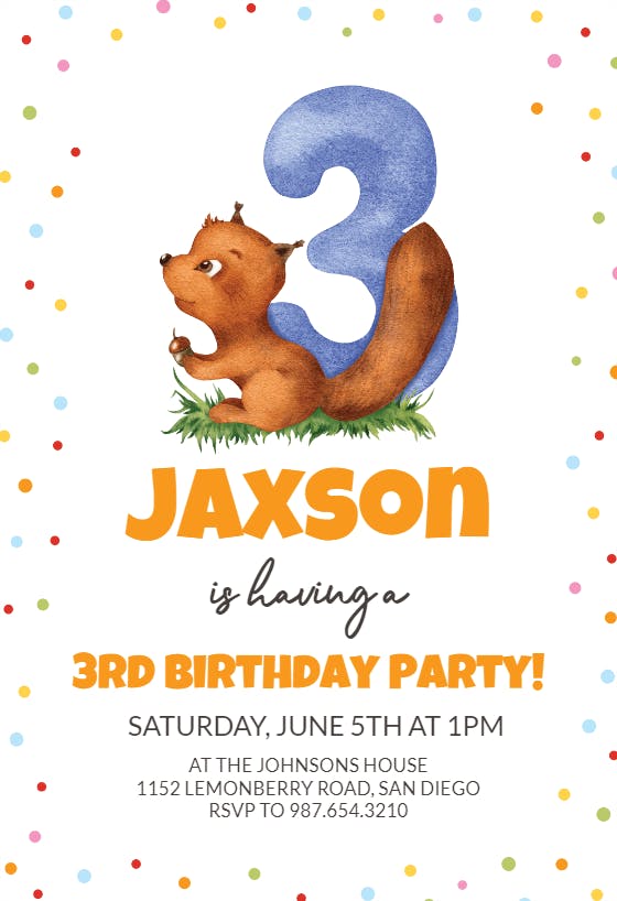 3rd birthday squirrel - birthday invitation