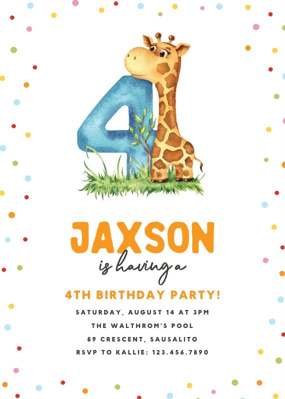 4th birthday giraffe - birthday invitation
