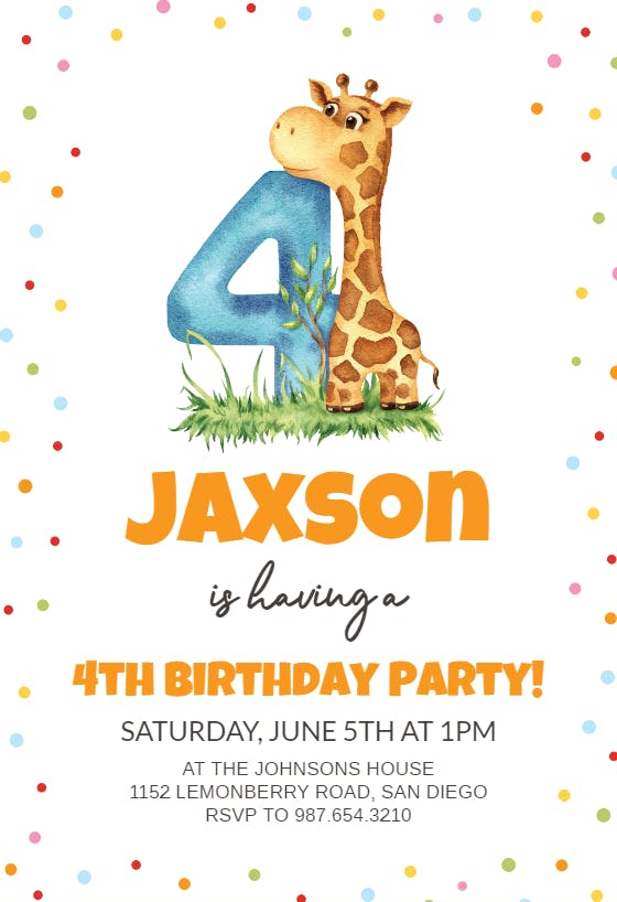 4th birthday giraffe - birthday invitation