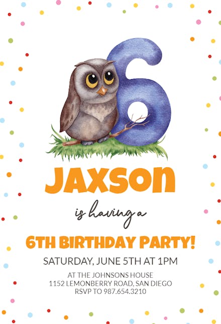 6th Birthday Owl - Birthday Invitation