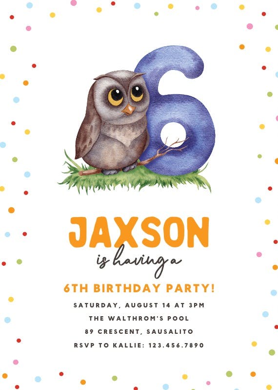 6th birthday owl - birthday invitation