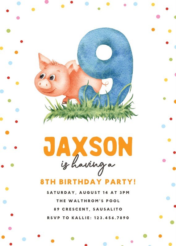 9th birthday pig - birthday invitation