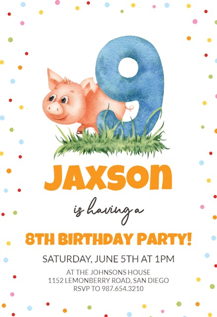 9th Birthday Pig - Birthday Invitation