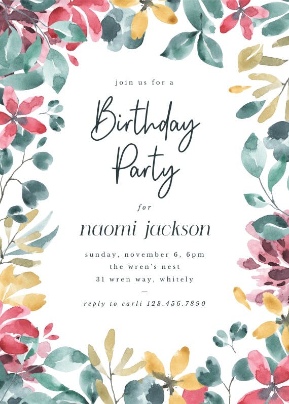 Aquarelle floral frame - birthday invitation