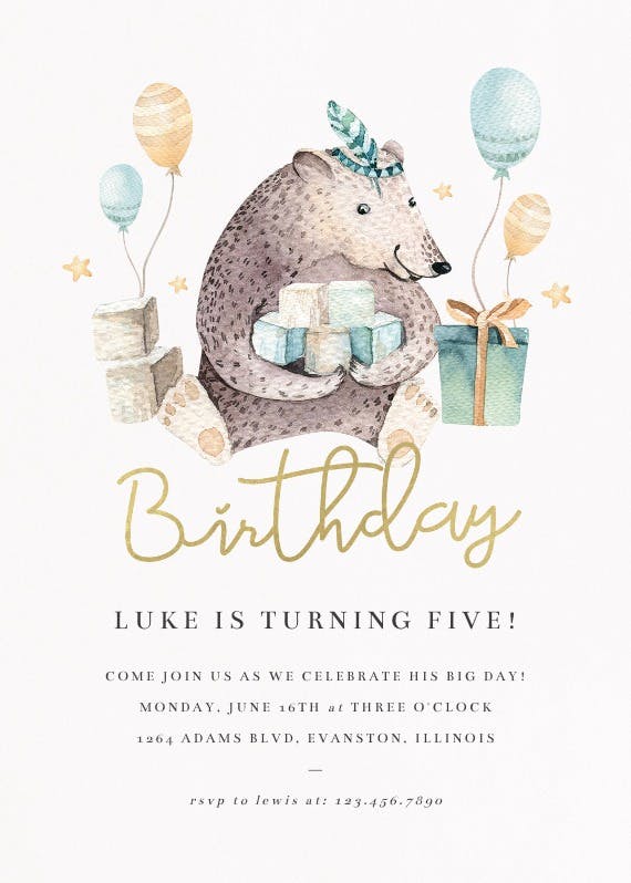 Bear and balloons - birthday invitation