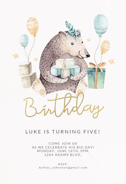 Bear and balloons - Birthday Invitation