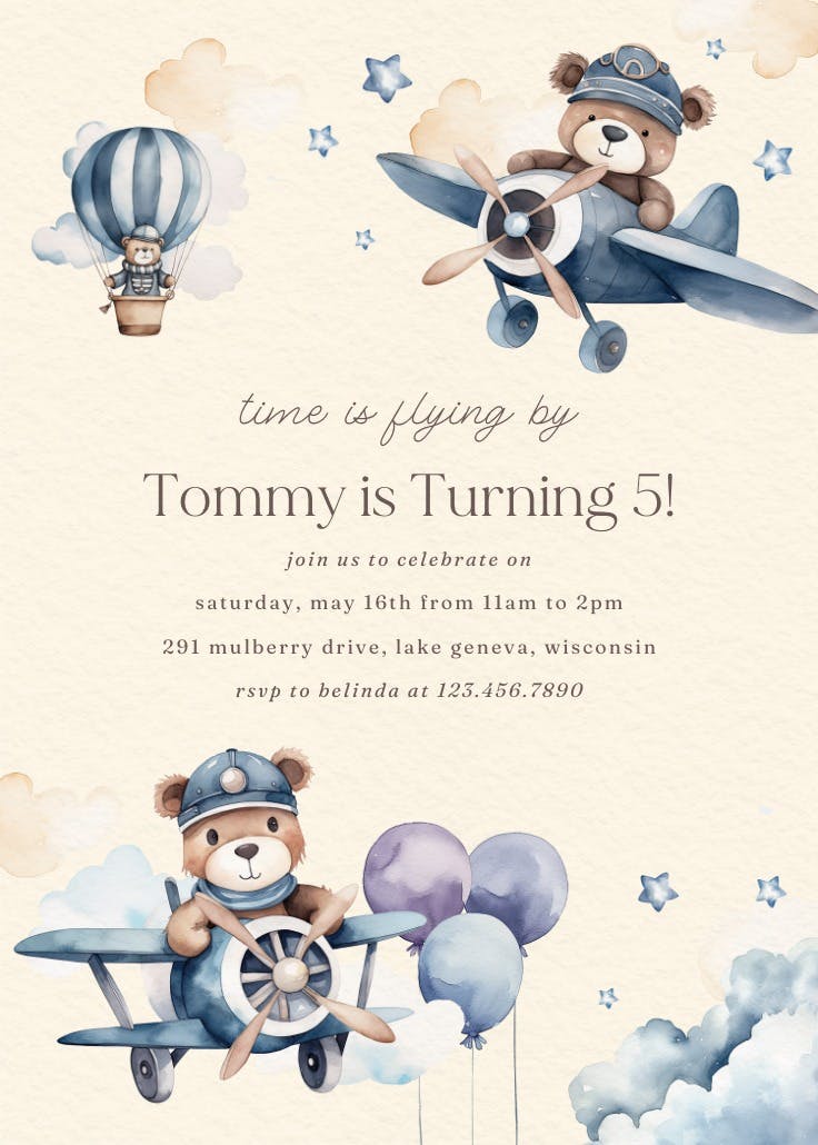 Beary cute pilot - invitación de cumpleaños
