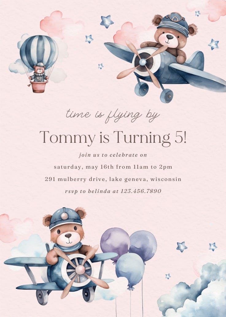 Beary cute pilot - invitación de cumpleaños