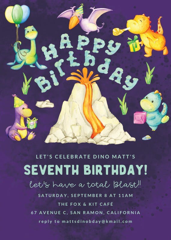 Birthday dinosaurs volcano - invitation