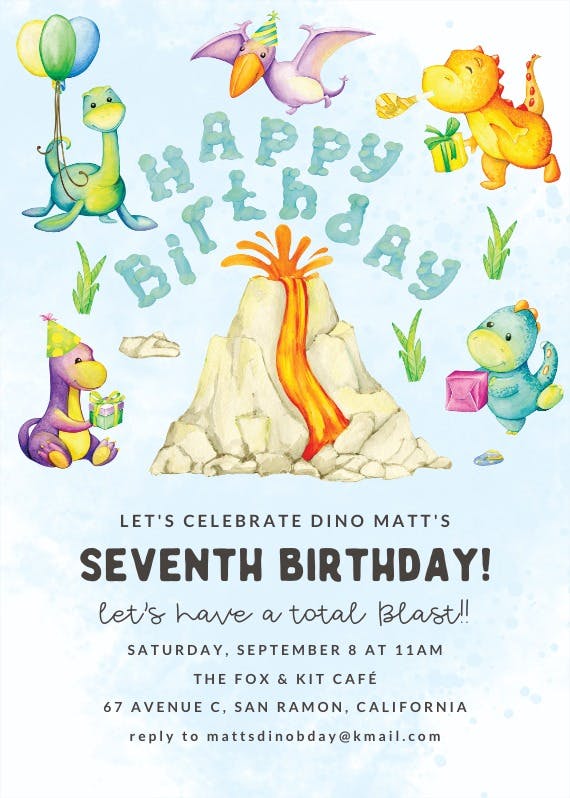 Birthday dinosaurs volcano - party invitation