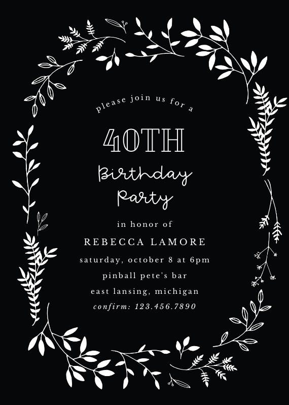 Black ink leaves - birthday invitation
