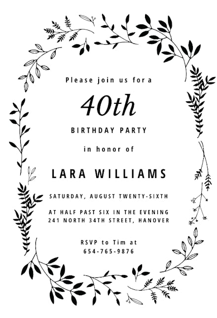 Black Ink leaves - Birthday Invitation