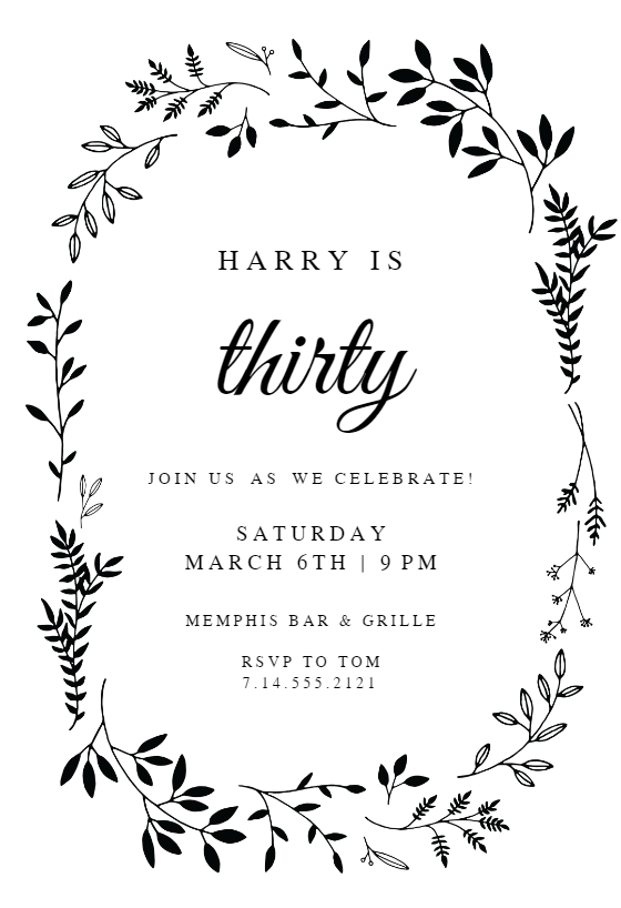 black ink leaves birthday invitation template free black and white birthday invitation templates free