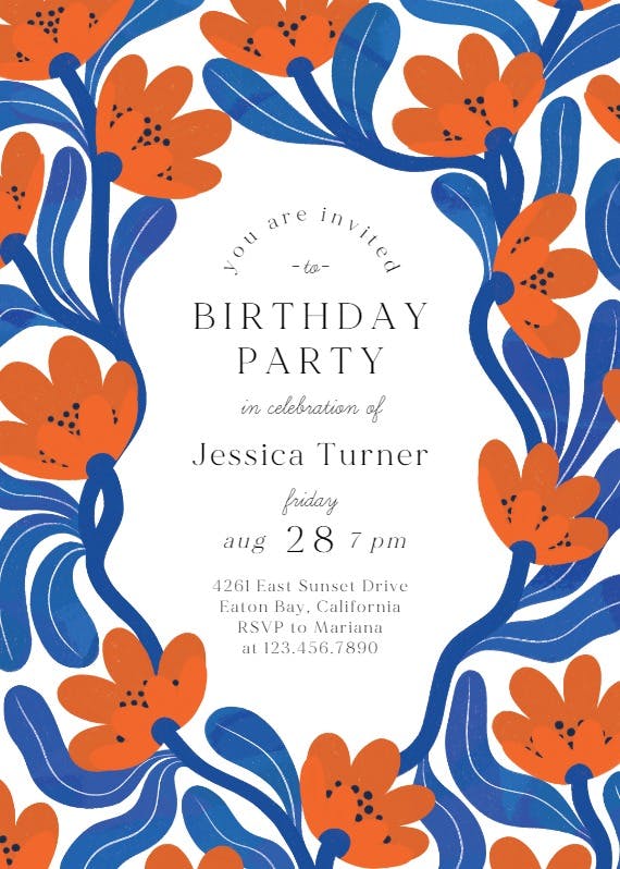 Blue and orange frame -  invitación de cumpleaños