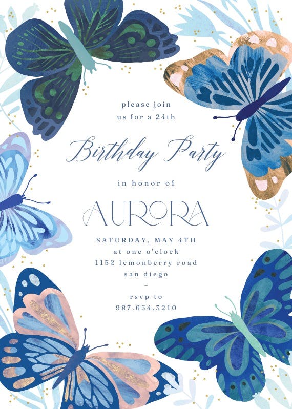 Blue butterflies - birthday invitation