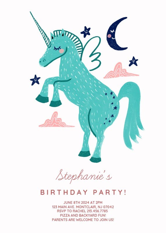 Blue unicorn - birthday invitation