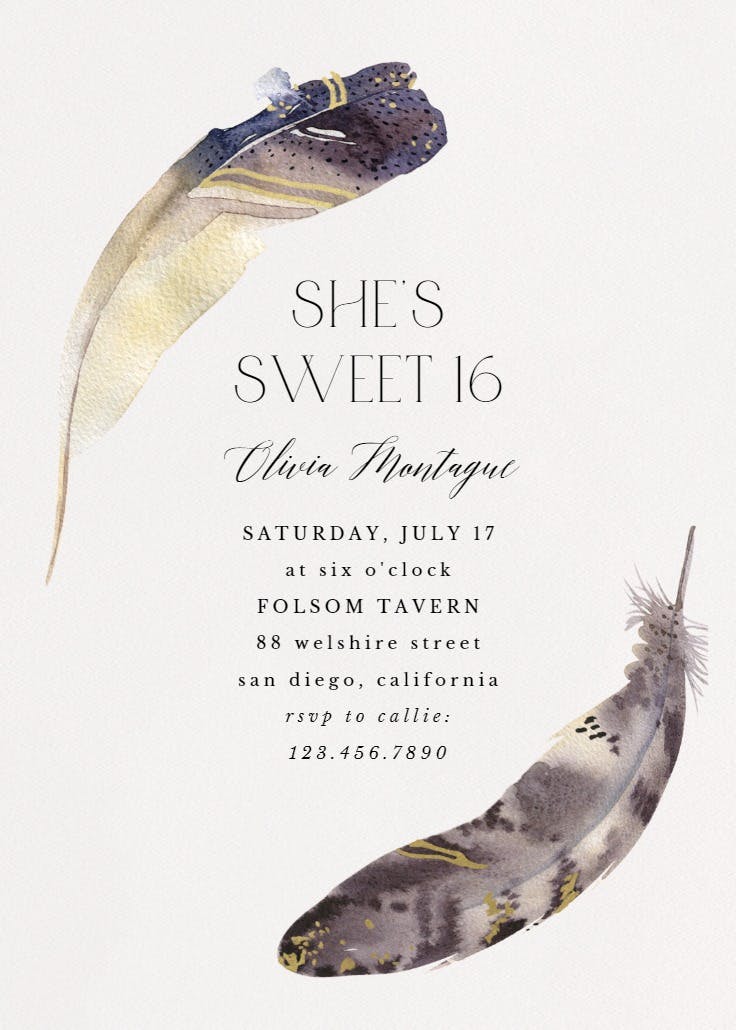 Boho feathers - sweet 16 invitation