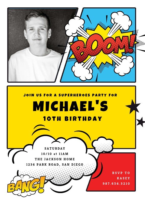 Boom bang -  invitación de fiesta de cumpleaños con foto