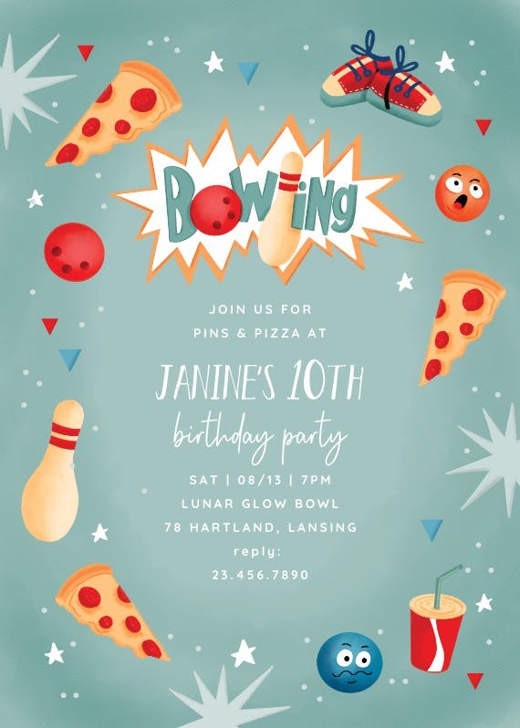 Bowling and pizza - birthday invitation