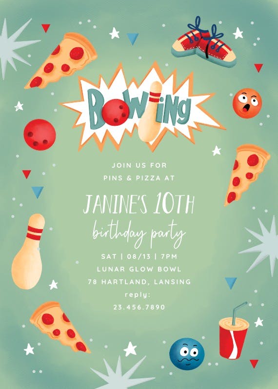 Bowling and pizza - party invitation