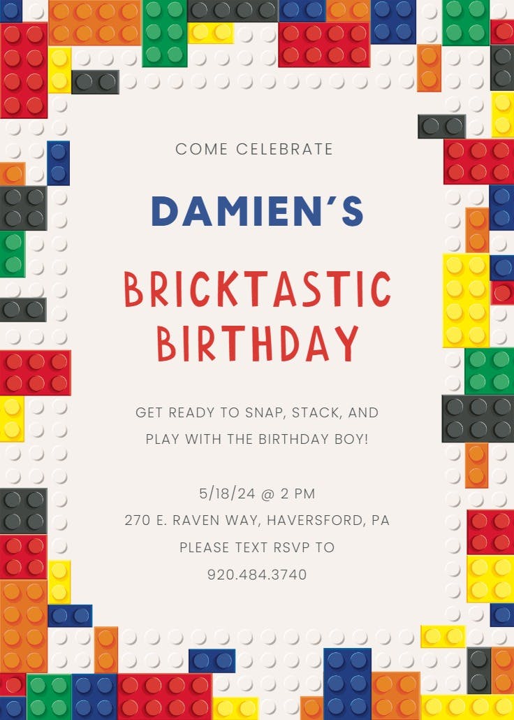 Bricktastic bash - invitación para fiesta