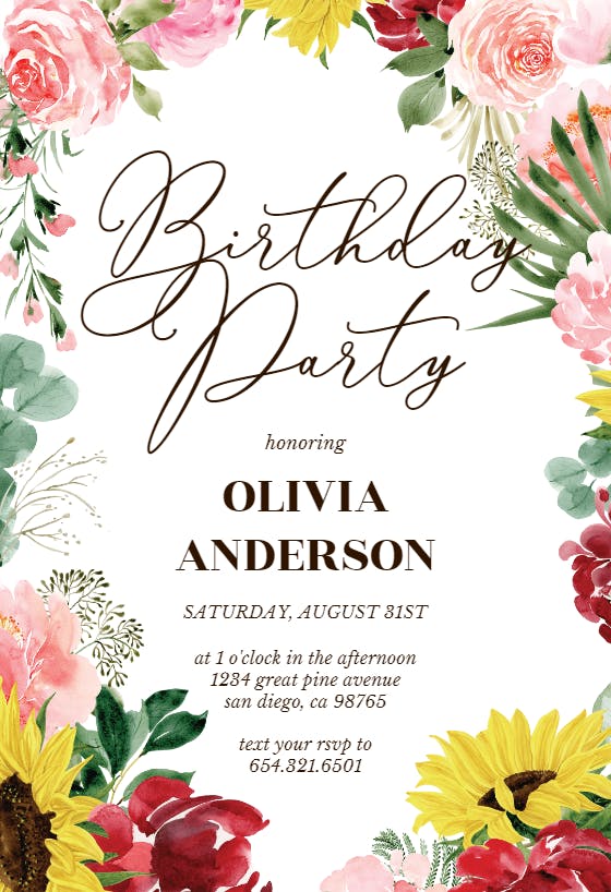 Burgundy Sunflower - Birthday Invitation Template | Greetings Island