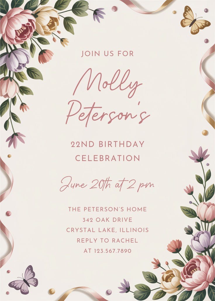 Butterfly & florals - birthday invitation