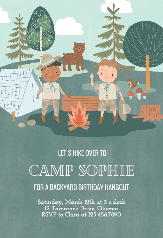 Camp birthday - invitación de fiesta