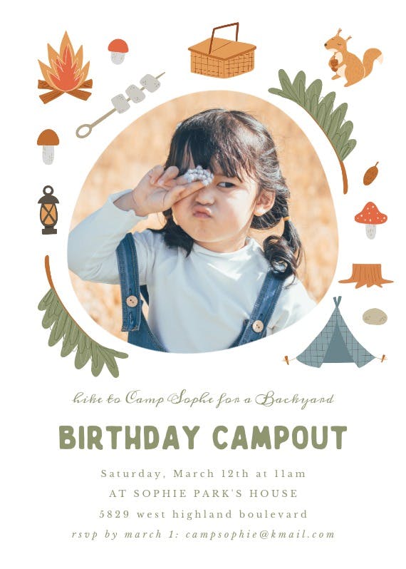 Camp birthday -  invitación de fiesta de cumpleaños con foto