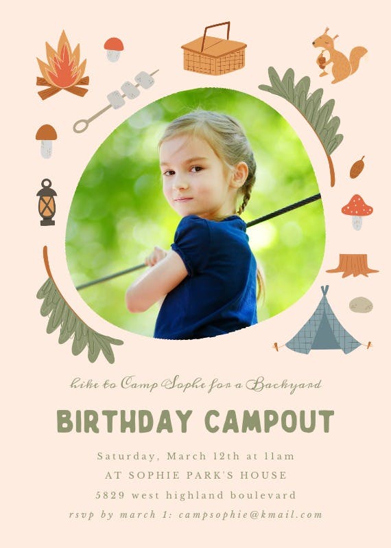 Camp birthday -  invitación de fiesta de cumpleaños con foto