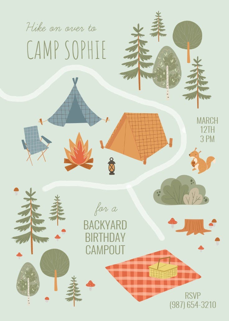 Camp birthday map - invitación de fiesta