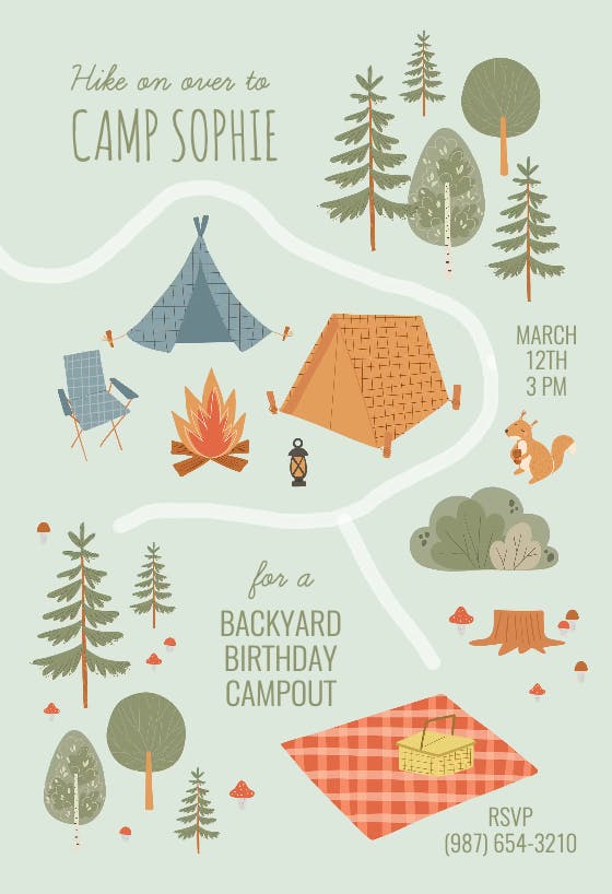 Camp birthday map -  invitación de fiesta