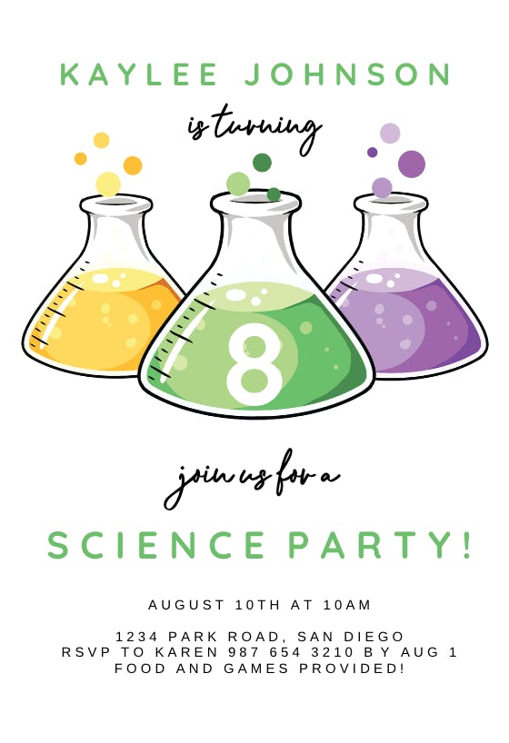 Colorful science beakers - party invitation