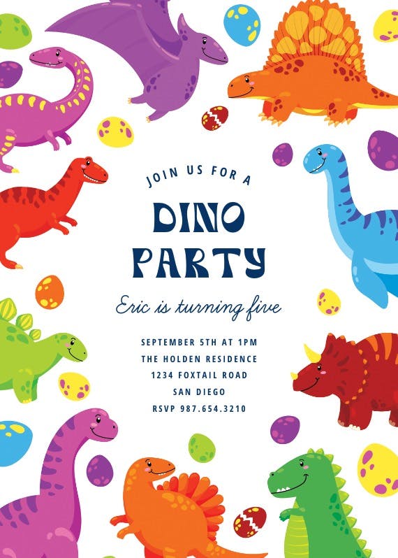 Colorful dinos - printable party invitation