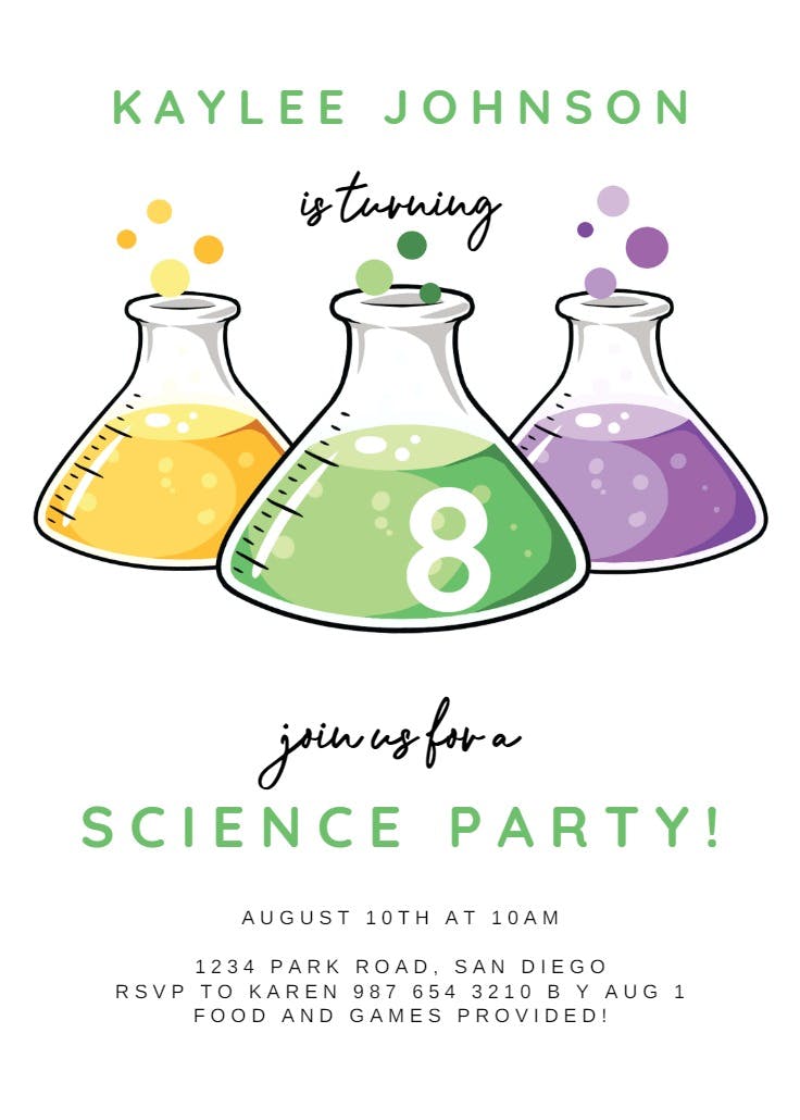 Colorful science beakers - invitación de fiesta