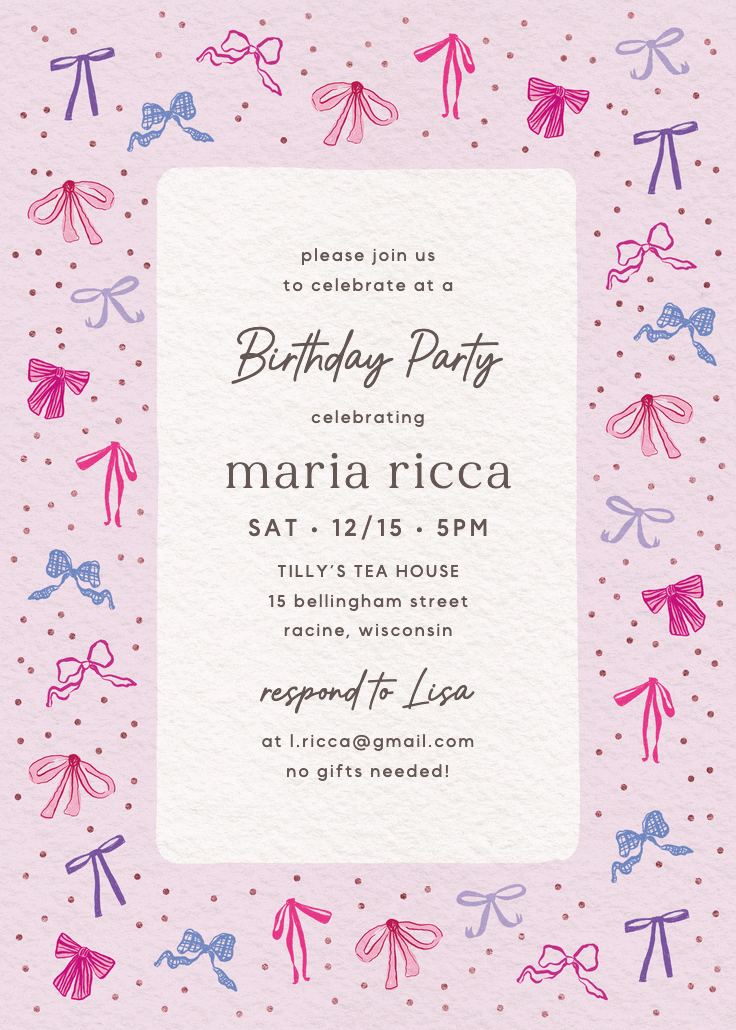 Coquette bows - invitación de cumpleaños