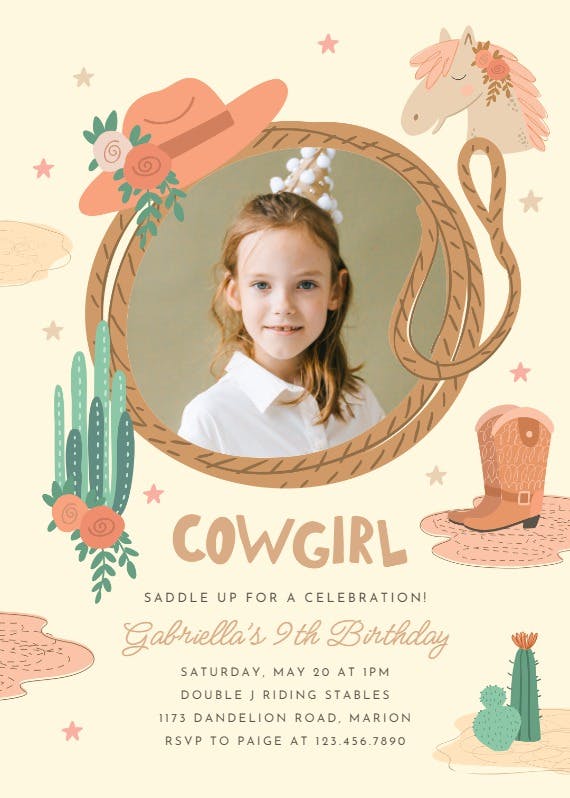 Cowgirl -  invitación de fiesta de cumpleaños con foto