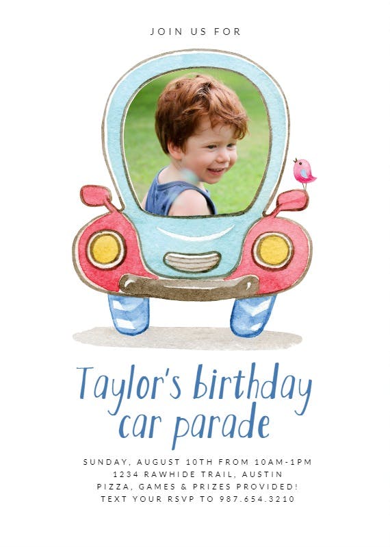 Cute car -  invitación de fiesta de cumpleaños con foto