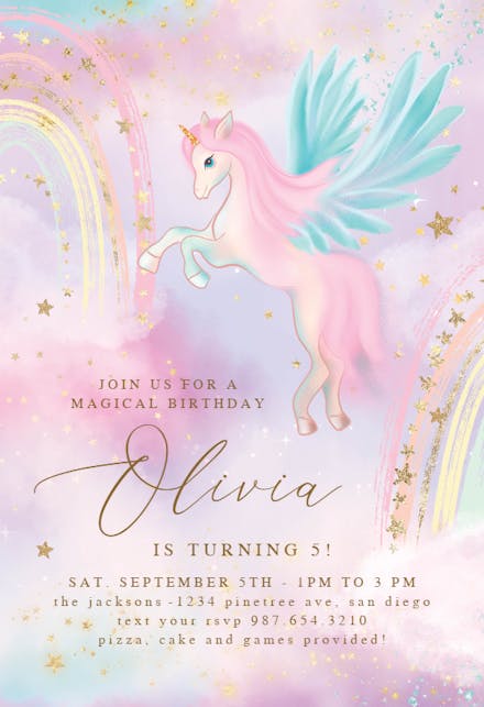 Magical unicorn and rainbows - birthday invitation