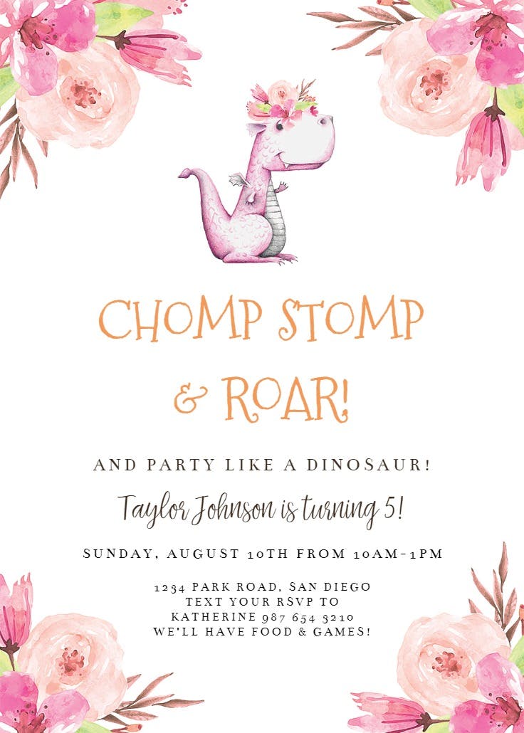 Dinosaur flowers - birthday invitation